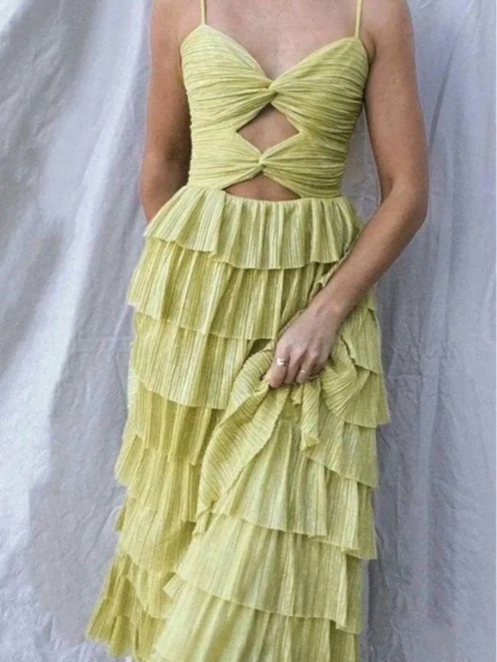 Gianni Bini Lemon Tiered Ruffle Maxi Dress with Twist Cutouts